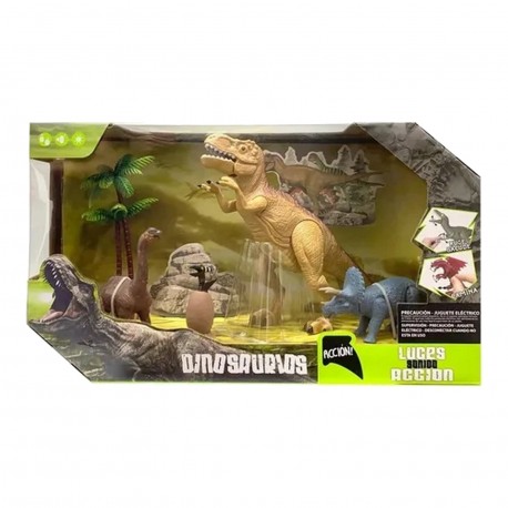 Rs004-1 Set De Dinosaurios Con T-Rex Chico Con Luz Y Sonido