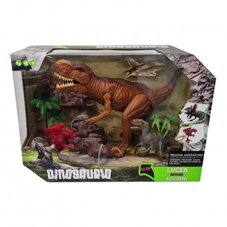 Rs007-2 Set De Dinosaurios Con T-Rex Mediano Con Luz Y Sonido