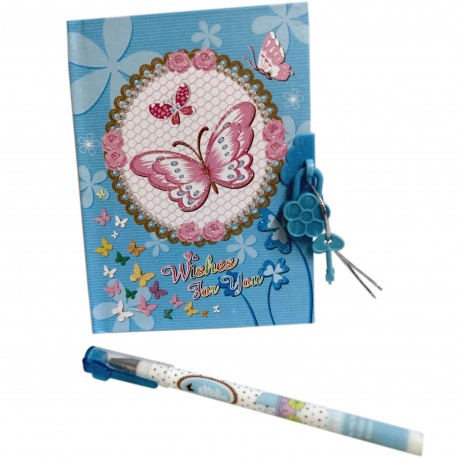 54810 66070 Diario Con Llave Lapiz Mariposa 15X11 Cm 50 Hojas