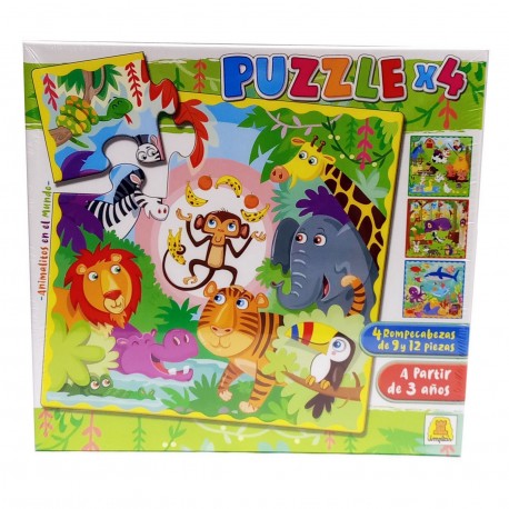 24 Animalitos En El Mundo X 4 Puzzles De 9 A 12 Piezas